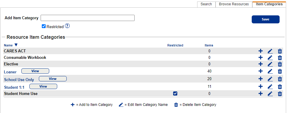 Item Categories sub-tab.